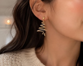 Gold Plated Christmas Tree Earrings, Sparkly Zigzag Festive Dangle Earrings with Star Studs