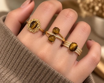 Gold Plated Tiger Eye Effect Ring, Gold Tone Adjustable Statement Ring, Pavé Filigree or Twin Stone Style