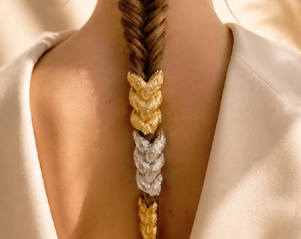 Braided Metallic Hair Cuff Set, Woven Texture Ponytail Holder, Modern Hair Jewelry