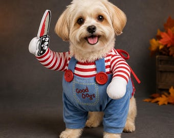 Killer Doll Dog Costume, Striped Pet Halloween Outfit with Soft Toy Knife