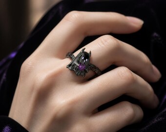 Gothic Bat Wing Ring, Purple Crystal Adjustable Halloween Jewelry