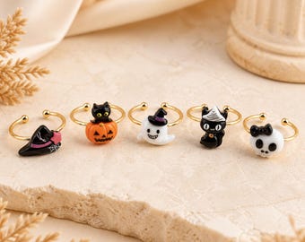 Adjustable Halloween Ring, Pumpkin Cat Ghost Witch Hat Skull Jewelry