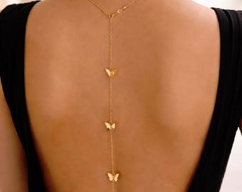 Gold Butterfly Back Necklace, Elegant Open Back Dress Jewelry