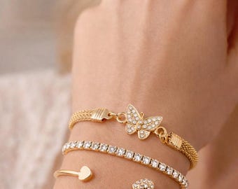 Gold Silver Infinity Heart Tennis Stackable Bracelet Set Women