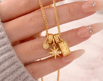 Gold Celestial Charm Necklace, Sun Moon Star Pendant, Vintage Layered Jewelry