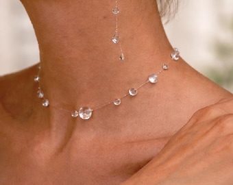 Sterling Silver Dew Drop Crystal Jewelry Set, Bridal Ear Chain Necklace