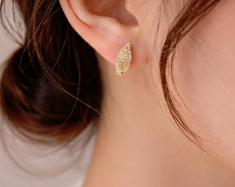 925 Sterling Silver Leaf Pavé CZ Huggie Earrings, Dainty Nature Hoops