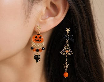 Asymmetrical Halloween Earrings, Pumpkin Ghost Bat Witch Cat Dangle Jewelry