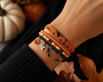 Halloween Bracelet Set, Pumpkin Ghost Bat Charm Beaded Jewelry