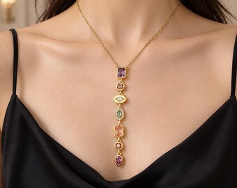 Gold Plated Multicolour Crystal Drop Necklace, Gold Tone Long Pendant, Colourful Statement Jewellery