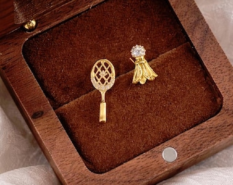 Gold Badminton Racket Shuttlecock Mismatched Stud Earrings | Sports Jewelry