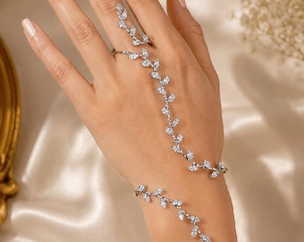 Pulsera de mano con cadena de hojas de cristal plateado, joyería nupcial bohemia para bodas.