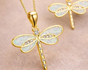 Gold Dragonfly Necklace, Blue Opal Pendant, Minimalist Insect Jewelry, Dainty Chain