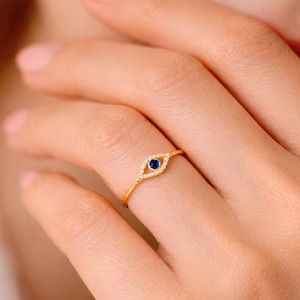 Gold Evil Eye Ring, Blue Crystal, 925 Sterling Silver, Adjustable Stacking Ring, Protection Jewelry