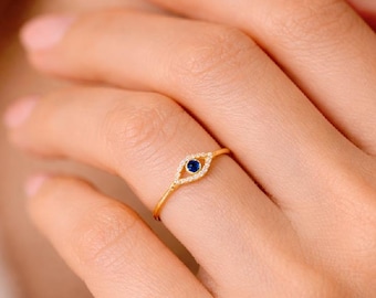 Gold Evil Eye Ring, Blue Crystal, 925 Sterling Silver, Adjustable Stacking Ring, Protection Jewelry