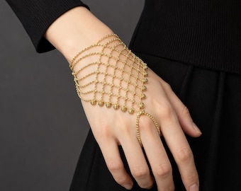 Gold Plated Hand Chain Bracelet, Finger Ring Harness, Boho Festival Hand Jewellery