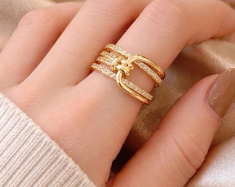 Gold Knot Ring, Multi-Layer Zircon Bands, Adjustable Statement Jewelry