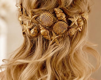 Gold Seashell Starfish Hair Clips Set, Mermaid Bridal Beach Accessories