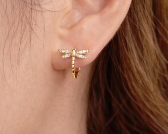 Gold Dragonfly Huggie Hoops, CZ Crystal Nature Earrings, Minimalist Women's Jewelry