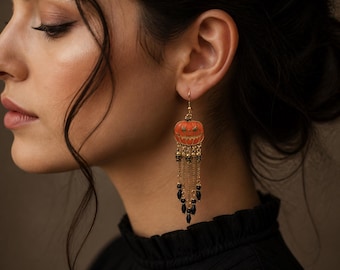 Gothic Halloween Earrings, Antique Gold Bat Cat Pumpkin Moon Dangles