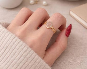 Moonstone Ring Silver-Plated – Vintage Filigree Rose Gold Oval Halo – Elegant Gift for Birthdays & Anniversaries