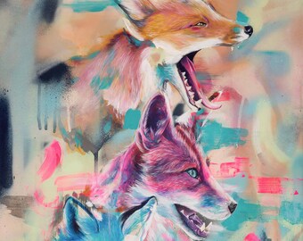 Renard trio ART impression jet d’encre art animalier renard illustration renard peinture chien