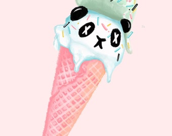 Panda Ice Cream kawaii  A4 Giclee print illustration popart Japan Japanese