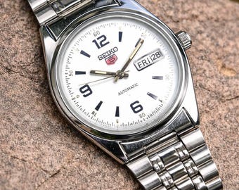 Vintage Seiko 5 Automatic 6309 herenhorloge witte wijzerplaat gerenoveerd jaren 80