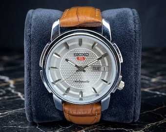 Vintage Seiko 5 Automatic Watch For Men's Grey Dial Refurbished Classic Brown Leather Strap