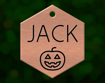 Custom Halloween jack o'lantern dog tag. Hexagon pet ID name tag personalized with deep engraving. Handmade pet product. Unique pet gift.