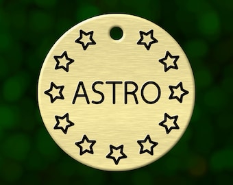 Custom star dog tag. Round pet ID name tag personalized with deep engraving. Handmade pet product. Unique pet gift.