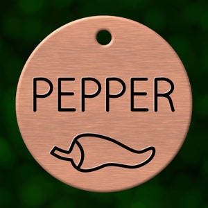 Chili pepper dog tag. Personalized pet name tag ID for collar. Double sided and deeply engraved in solid metal. Custom made in Oregon.