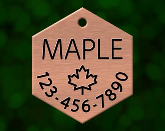 Custom maple leaf dog tag. Hexagon pet ID name tag personalized with deep engraving. Handmade pet product. Unique pet gift.