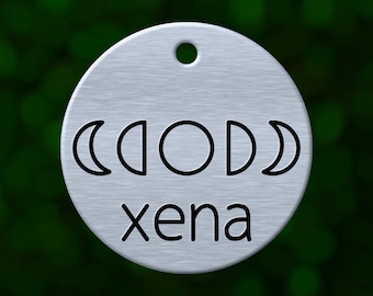 Custom moon phases dog tag. Round pet ID name tag personalized with deep engraving. Handmade pet product. Unique pet gift.