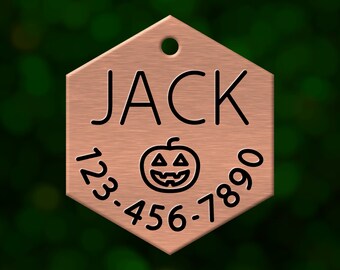 Custom Halloween jack o'lantern dog tag. Hexagon pet ID name tag personalized with deep engraving. Handmade pet product. Unique pet gift.