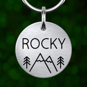 Custom mountain dog tag. Personalized pet ID with deep engraving. Made in Oregon.