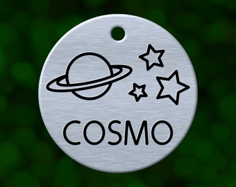 Custom outer space dog tag. Round pet ID name tag personalized with deep engraving. Handmade pet product. Unique pet gift.