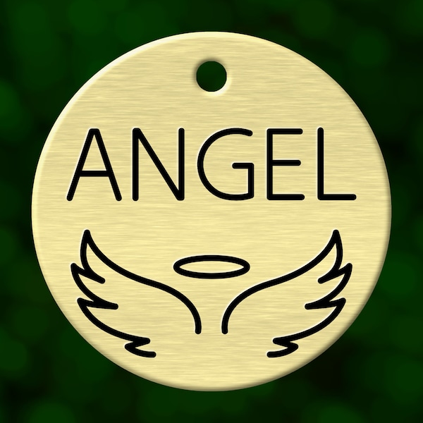 Custom angel dog tag. Round pet ID name tag personalized with deep engraving. Handmade pet product. Unique pet gift.