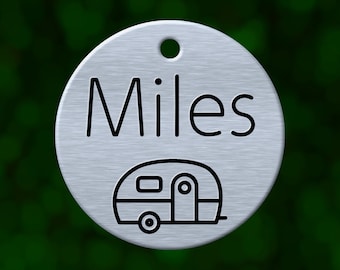 Custom camping dog tag. Round pet ID name tag personalized with deep engraving. Handmade pet product. Unique pet gift.