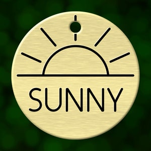 Sun dog tag. Personalized pet name tag ID for collar. Double sided and deeply engraved in solid metal. Custom made in Oregon.