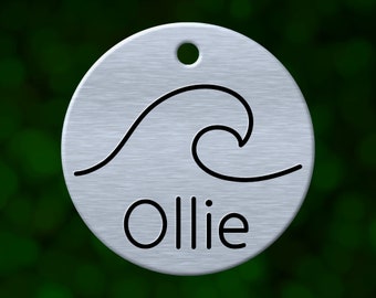Custom ocean wave dog tag. Round pet ID name tag personalized with deep engraving. Handmade pet product. Unique pet gift.