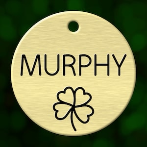 Shamrock dog tag. Personalized pet name tag ID for collar. Double sided and deeply engraved in solid metal. Custom made in Oregon.