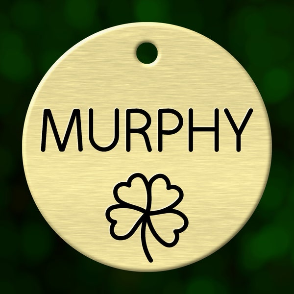 Custom shamrock dog tag. Round pet ID name tag personalized with deep engraving. Handmade pet product. Unique pet gift.