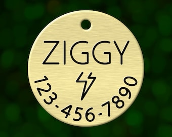 Aangepaste bliksemschicht dog tag. Rond huisdier-ID-naamplaatje, gepersonaliseerd met diepe gravure. Handgemaakt huisdierproduct. Uniek huisdiercadeau.