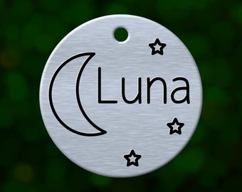 Custom moon dog tag. Round pet ID name tag personalized with deep engraving. Handmade pet product. Unique pet gift.