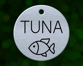 Custom fish dog tag. Round pet ID name tag personalized with deep engraving. Handmade pet product. Unique pet gift.