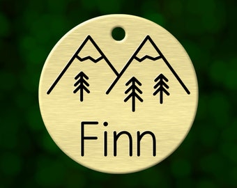 Custom mountain dog tag. Round pet ID name tag personalized with deep engraving. Handmade pet product. Unique pet gift.