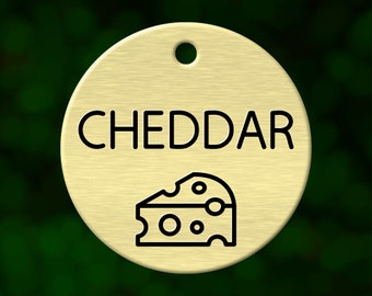 Custom cheese dog tag. Round pet ID name tag personalized with deep engraving. Handmade pet product. Unique pet gift.