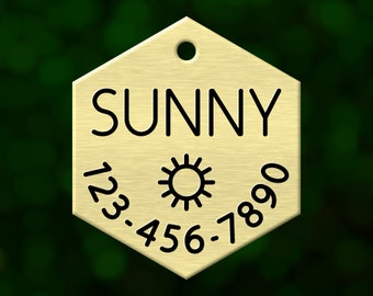 Custom sun dog tag. Hexagon pet ID name tag personalized with deep engraving. Handmade pet product. Unique pet gift.