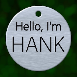 Hello dog tag. Personalized pet name tag ID for collar. Double sided and deeply engraved in solid metal. Custom made in Oregon.